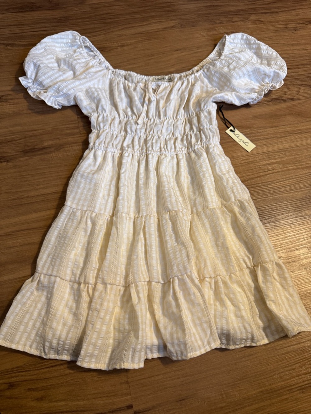 NWT Liberty Love Cream Tiered Puff-Sleeve Smocked Dress